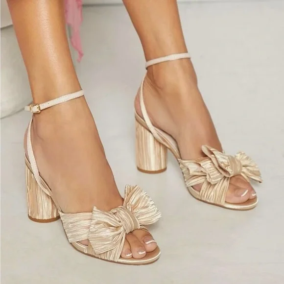 Cream / champagne Bow front open toe heeled sandals cylinder thick heels - Picture 2 of 4